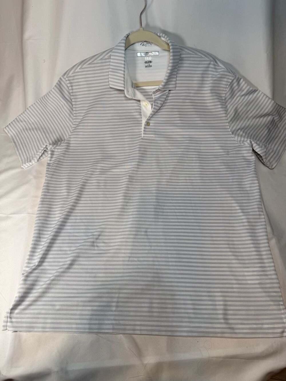 Greg Norman Country Club Play Dry Golf Polo Shirt Mens L Gray Striped Shark